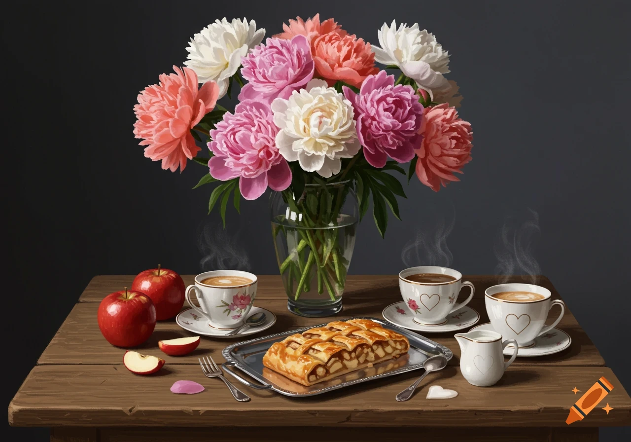 A still life with a vase of colorful peonies, red apples, steaming coffee cups, and an apple strudel on a wooden table.