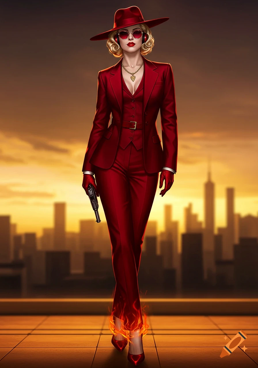 A stylish woman in a red suit, fedora, and sunglasses holds a gun, with flames around her feet, against an urban sunset skyline.