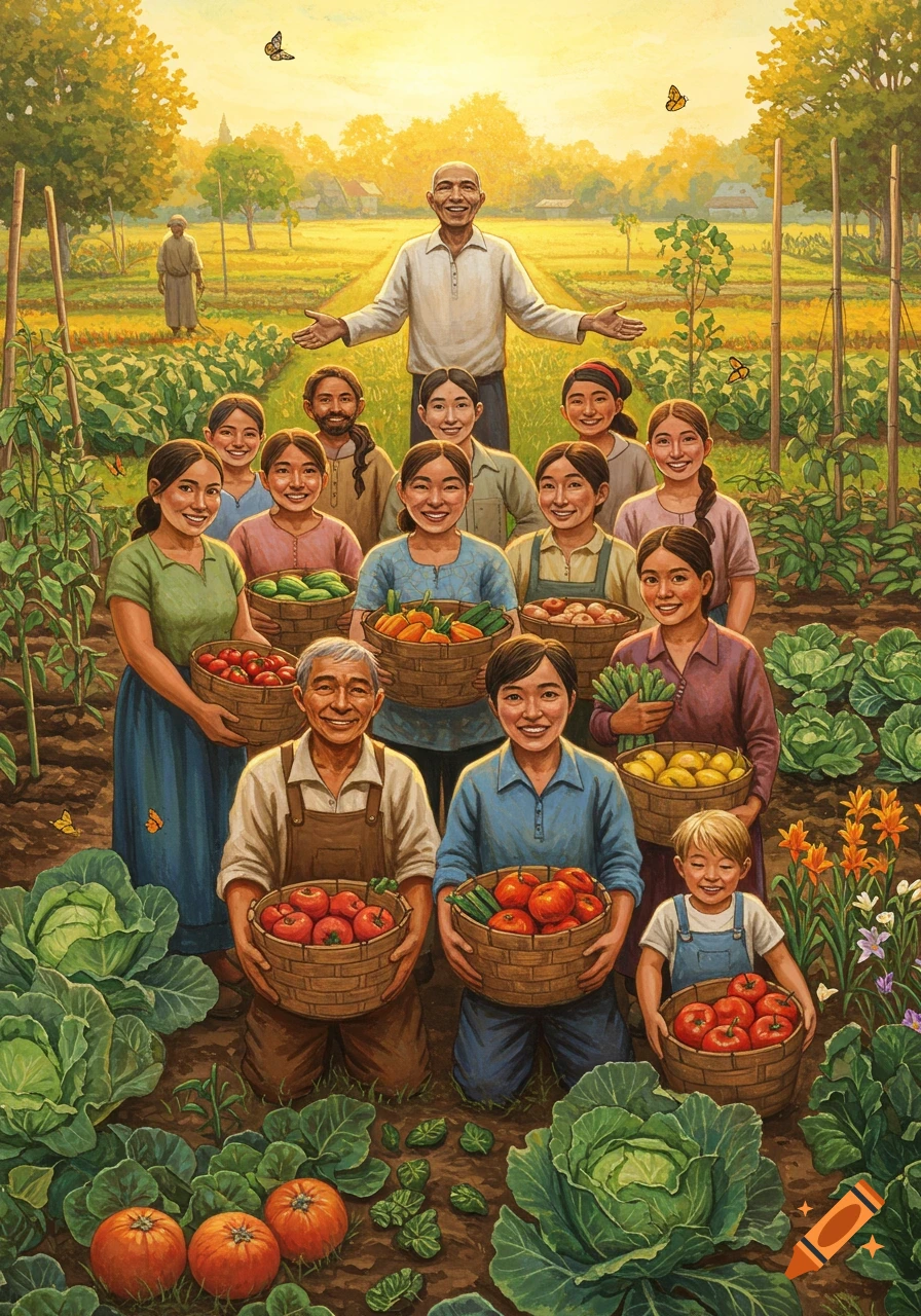 A diverse group of smiling people, including adults and a child, harvesting vegetables in a vibrant garden field.