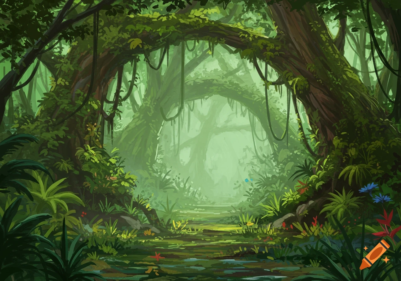 A lush, green digital painting of a rainforest entrance with dense foliage, vines, and a misty path leading into the distance.
