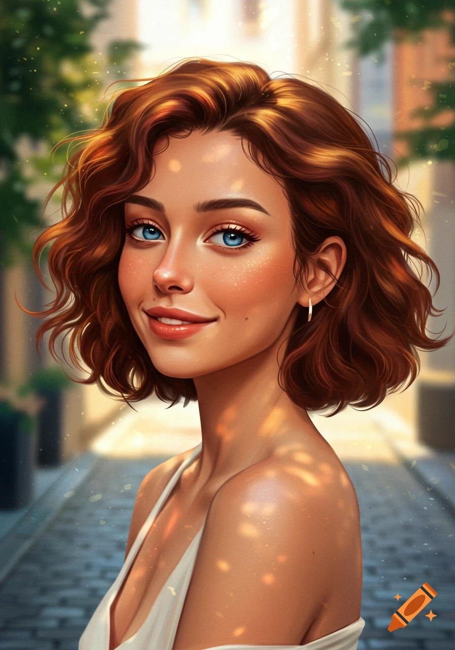 A smiling woman with short curly brown hair and blue eyes, depicted in a digital art style on a sunny street.