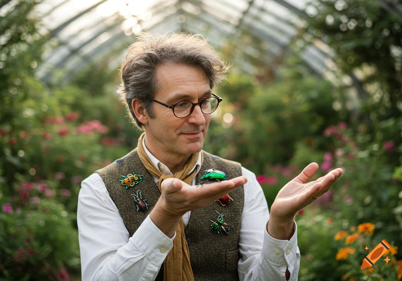 A man with glasses and a vest adorned with bug brooches looks at a green beetle in his hand inside a lush greenhouse.