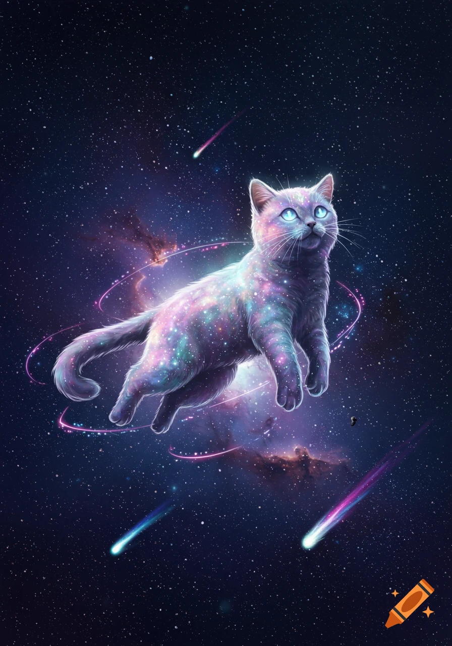A vibrant galaxy-colored cat with glowing blue eyes floats gracefully in deep space, surrounded by nebulae and shooting stars.