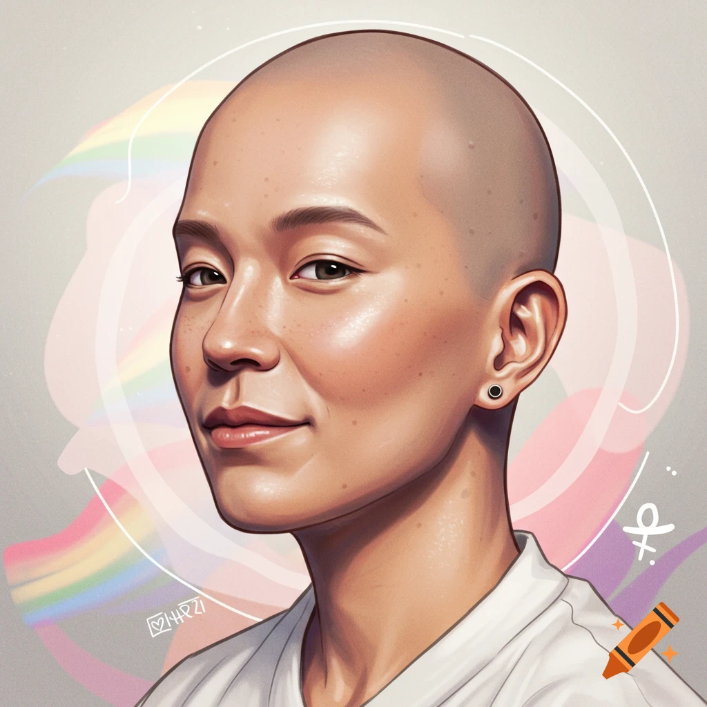 A bald person with a serene expression in a professional illustration style with subtle rainbow colors in the background.