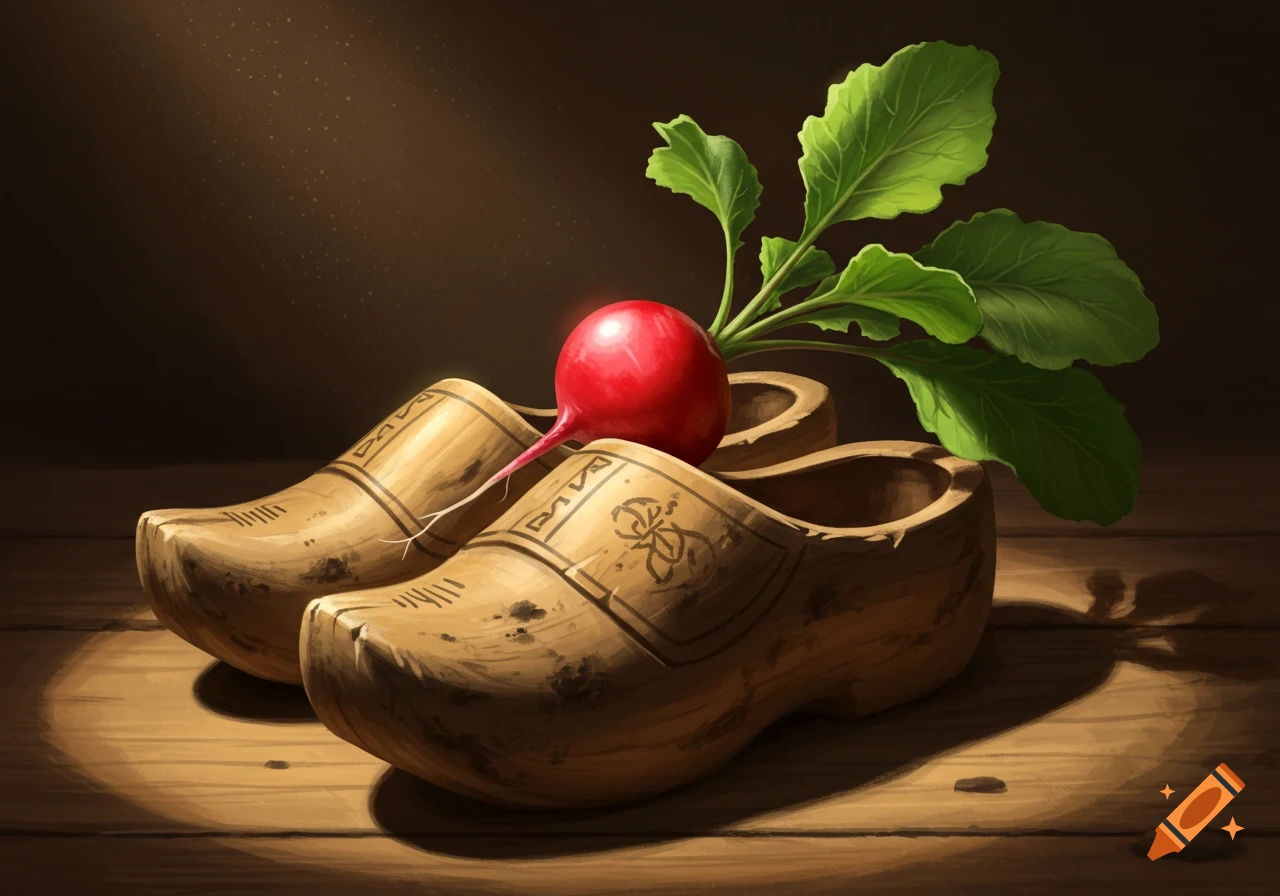 A vibrant red radish with green leaves rests on two traditional light brown wooden clogs, illuminated by a spotlight on a dark wooden surface.