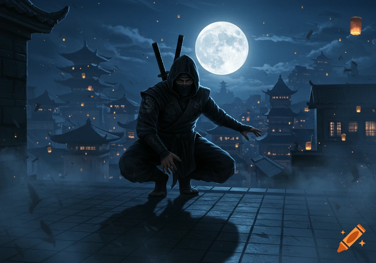 A shadowy ninja crouches on a tiled rooftop under a large full moon, overlooking an East Asian city lit by lanterns.