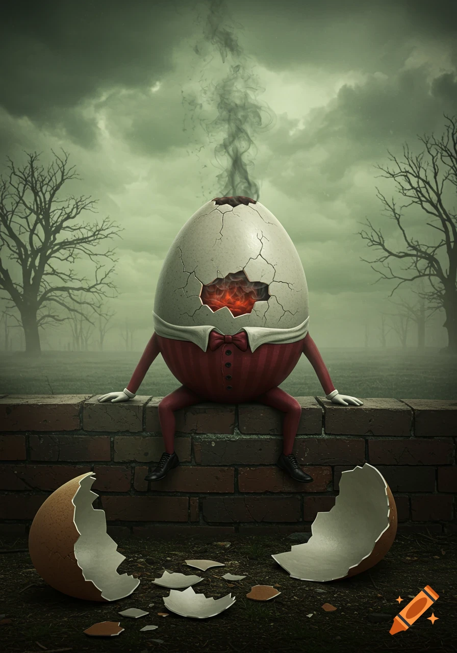 A cracked, smoking Humpty Dumpty-like egg character in a red suit sits on a brick wall in a desolate, misty landscape under a dark sky.