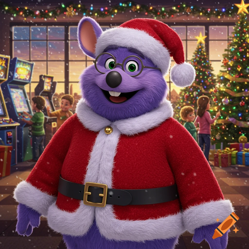A purple, fuzzy, mouse-like character in a Santa suit and glasses smiles in a festive arcade with Christmas trees and children playing.