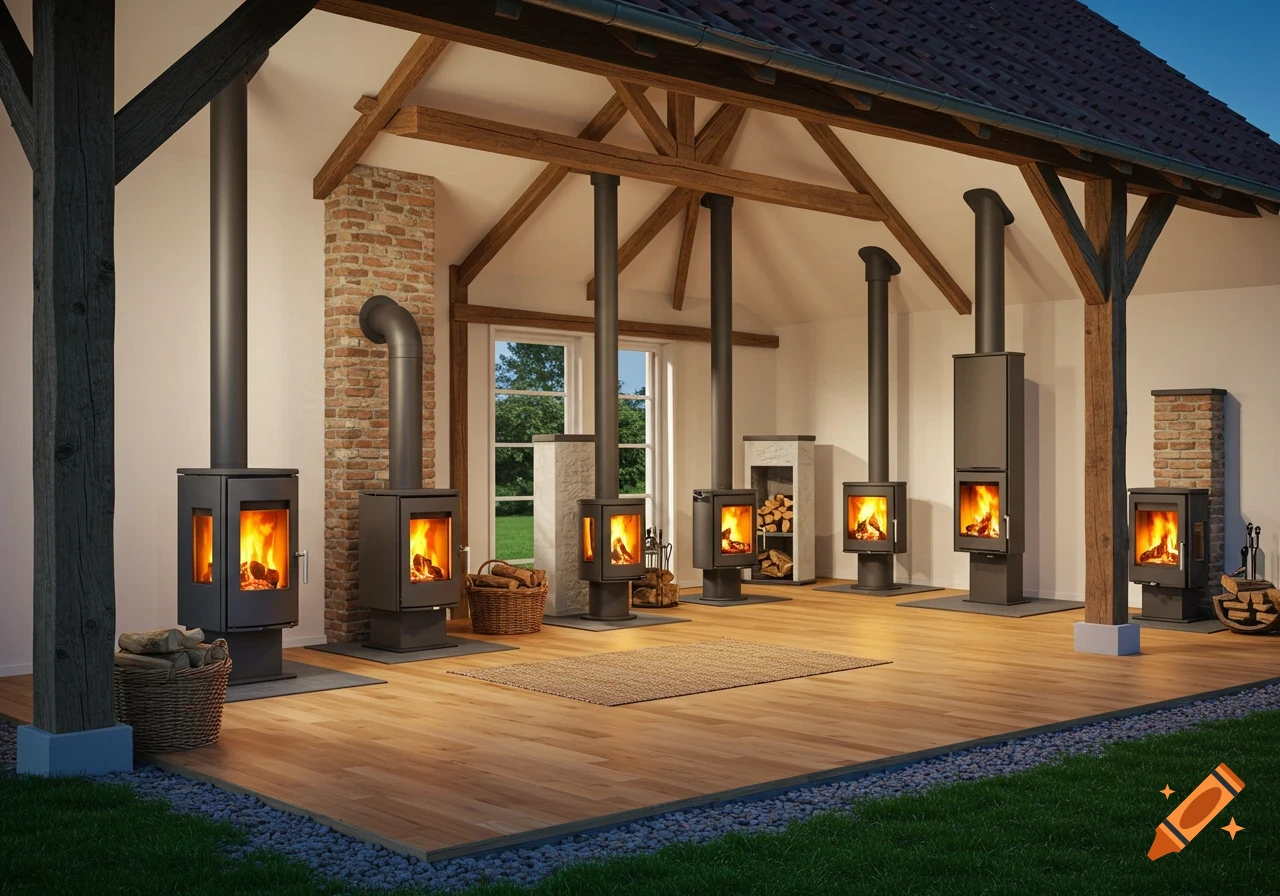 A modern open-air structure with exposed wooden beams, showcasing multiple lit wood-burning stoves and chimneys on a wooden floor.