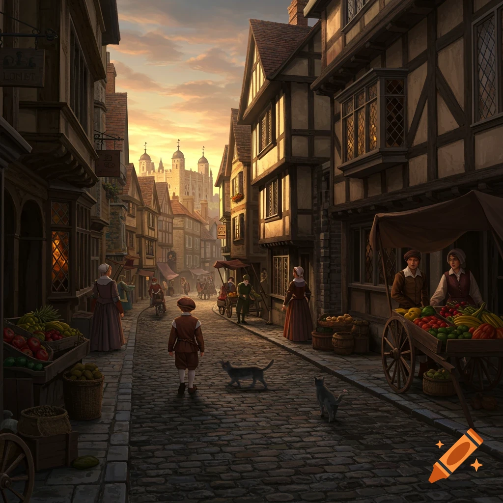 Illustrated scene of a child walking down a cobbled street in 16th-century London, past market stalls and half-timbered buildings, with the Tower of London in the distance at sunset.