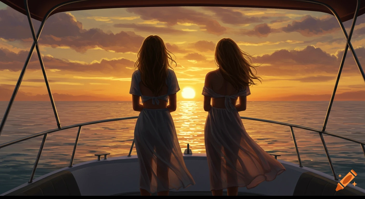 Two women stand on a boat, backs to viewer, watching a warm sunset over the calm ocean in an illustrative style.
