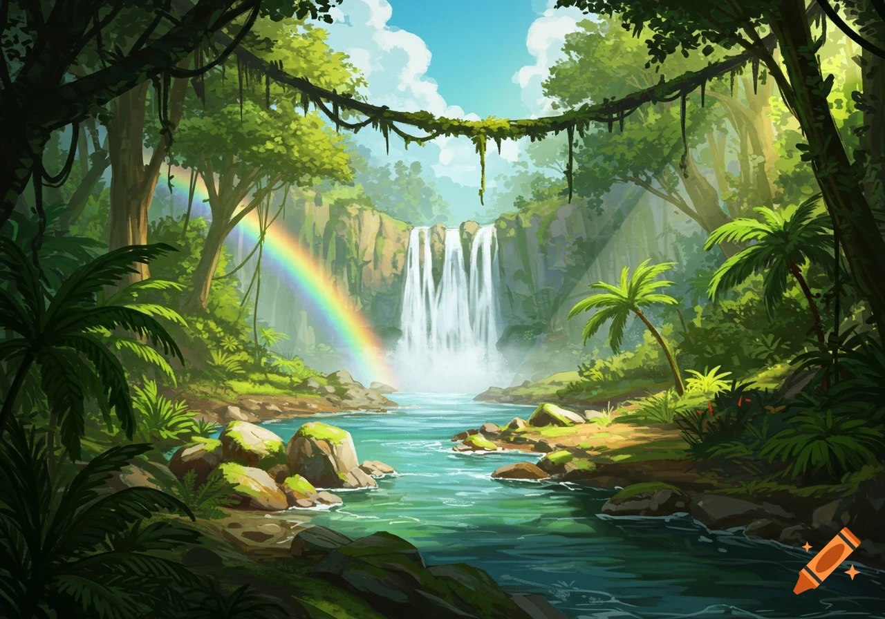 A vibrant, stylized illustration of a lush jungle with a large waterfall cascading into a river, under a bright sky with a rainbow.