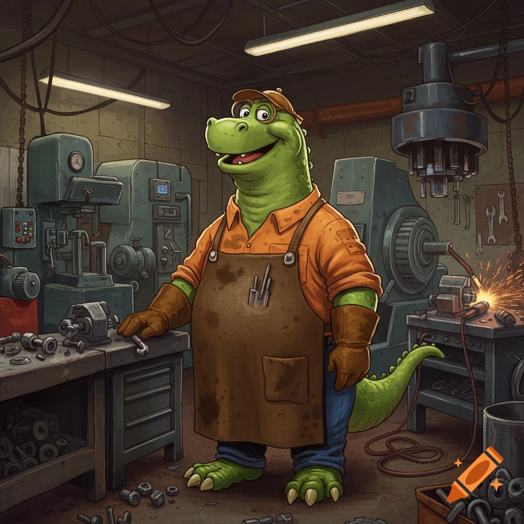 A friendly green cartoon dinosaur, wearing an orange shirt, brown apron, and work gloves, stands in a cluttered machine shop.