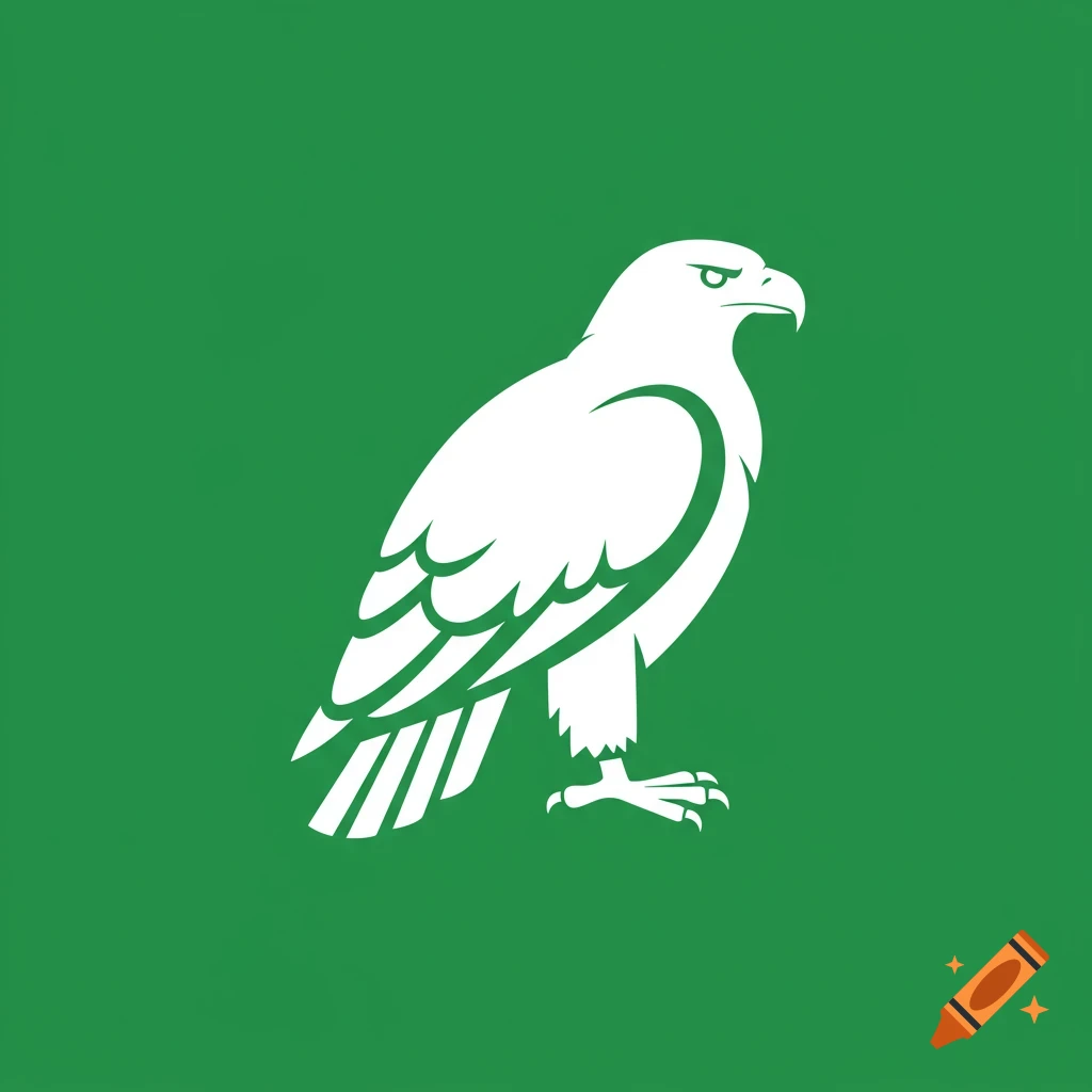 A simplified white eagle with a serious expression, facing right, against a solid green background in a vector art style.