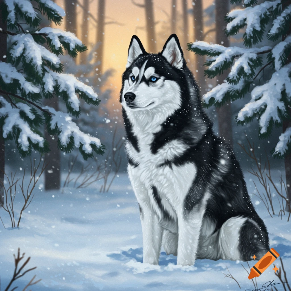 A majestic black and white husky with piercing blue eyes sits in a snowy forest during sunset.