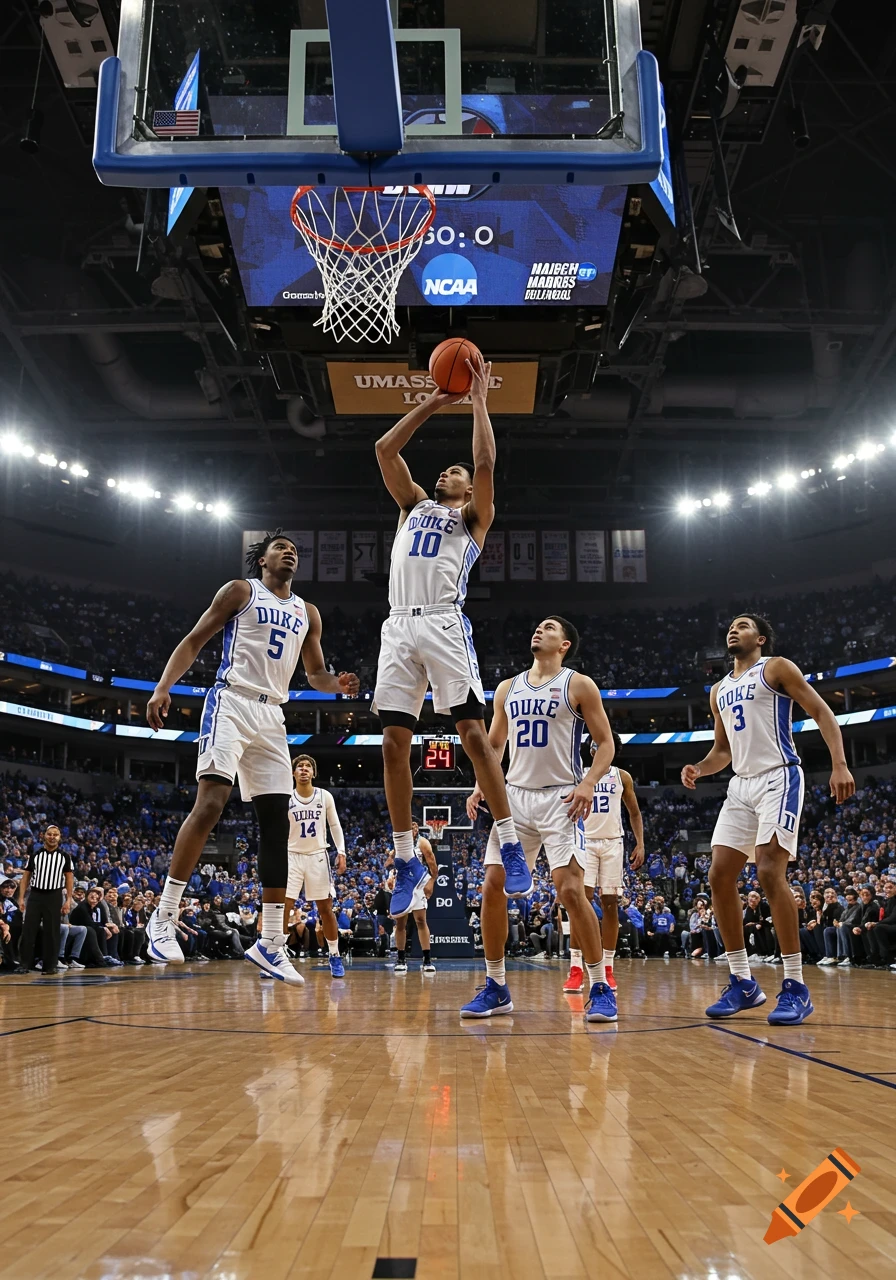Photorealistic image of a basketball player in a white Duke uniform shooting a ball during an NCAA March Madness game.