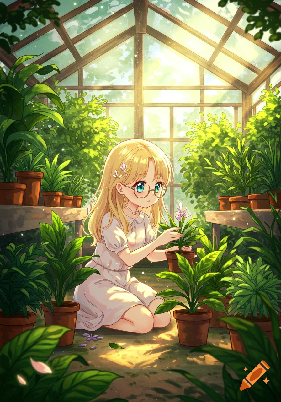 Blonde anime girl with glasses tending to plants in a sunlit greenhouse.