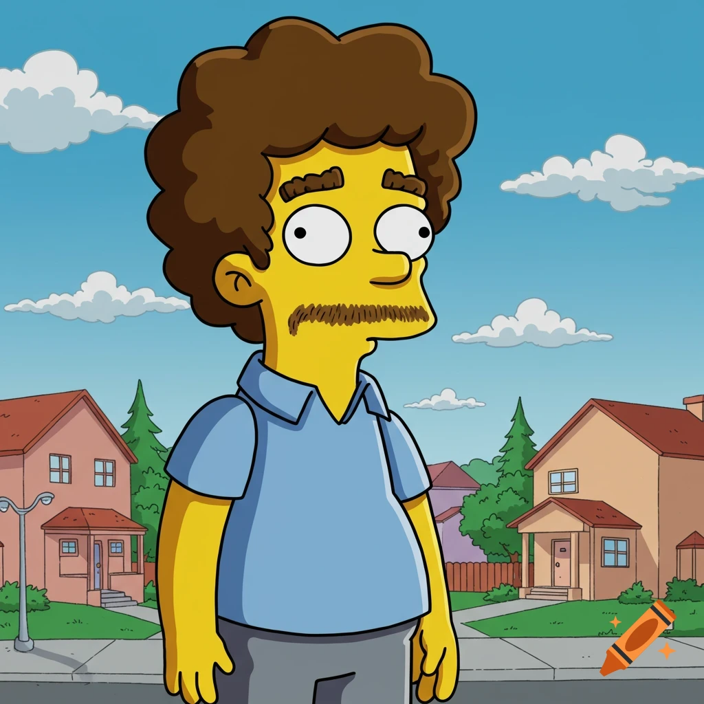 A yellow-skinned, brown-haired cartoon man with a mustache, wearing a blue collared shirt and gray pants, stands in a suburban street in The Simpsons style.