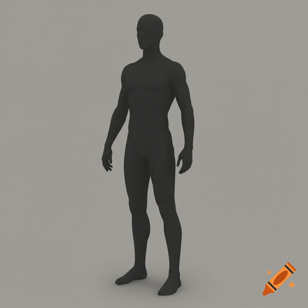Dark gray silhouette of a standing male figure, like a 3D model or game asset, on a light gray background.