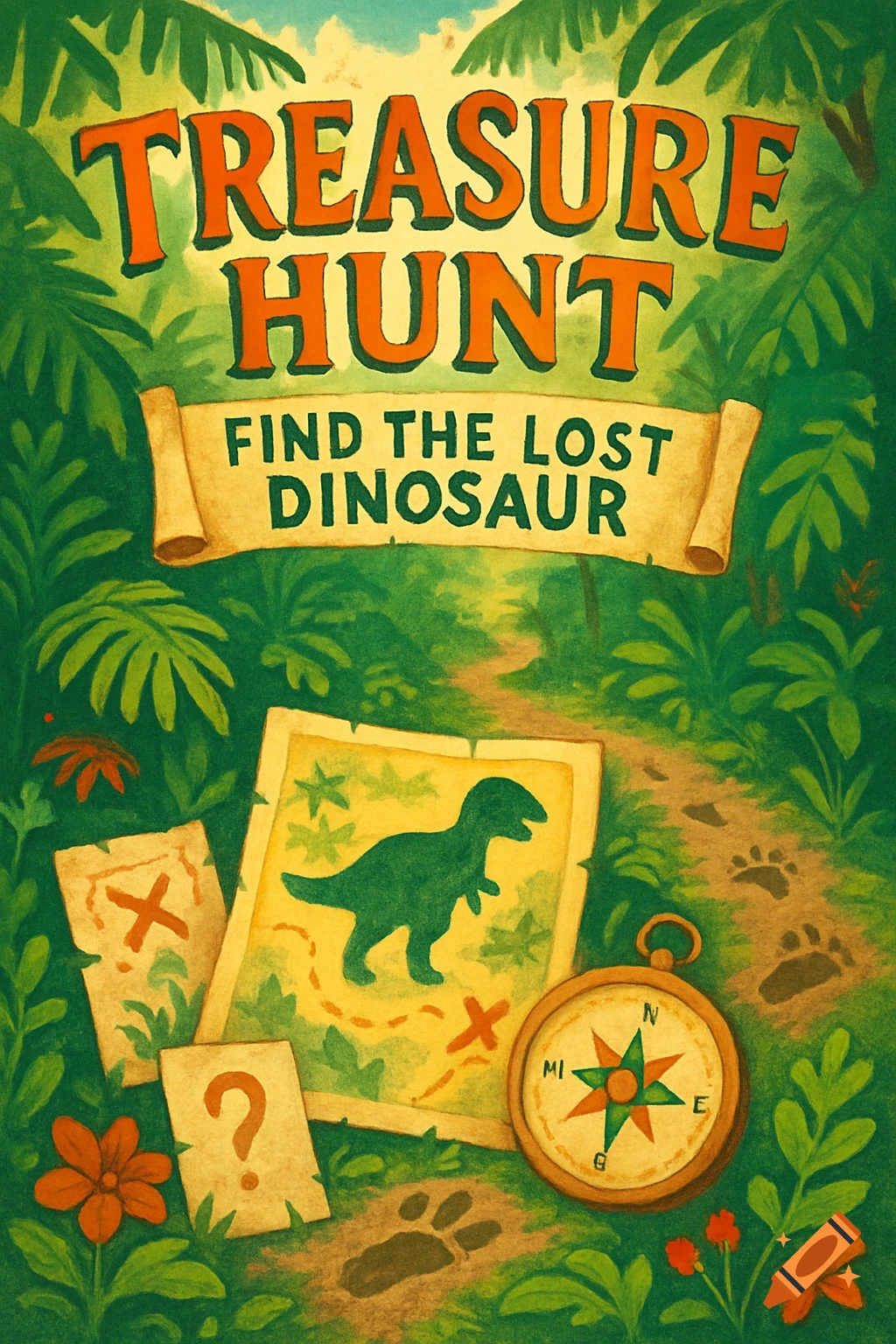 A vibrant illustrated poster for "TREASURE HUNT: FIND THE LOST DINOSAUR" in a jungle with maps, a compass, and footprints.