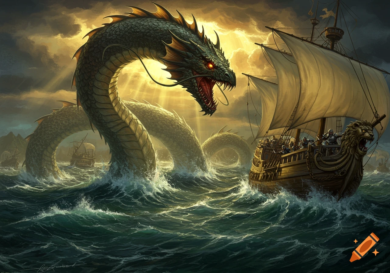 Giant green sea serpent rises from a stormy ocean, menacing a wooden warship with sailors, in a dramatic oil painting.