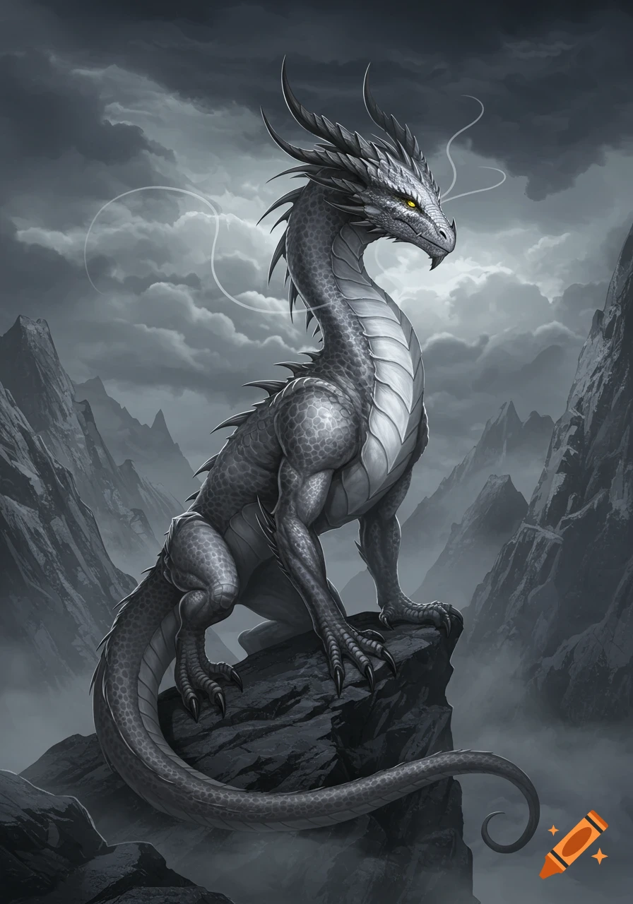 A majestic grey dragon with yellow eyes, spikes, and a white belly sits atop a dark rock amidst cloudy mountains.