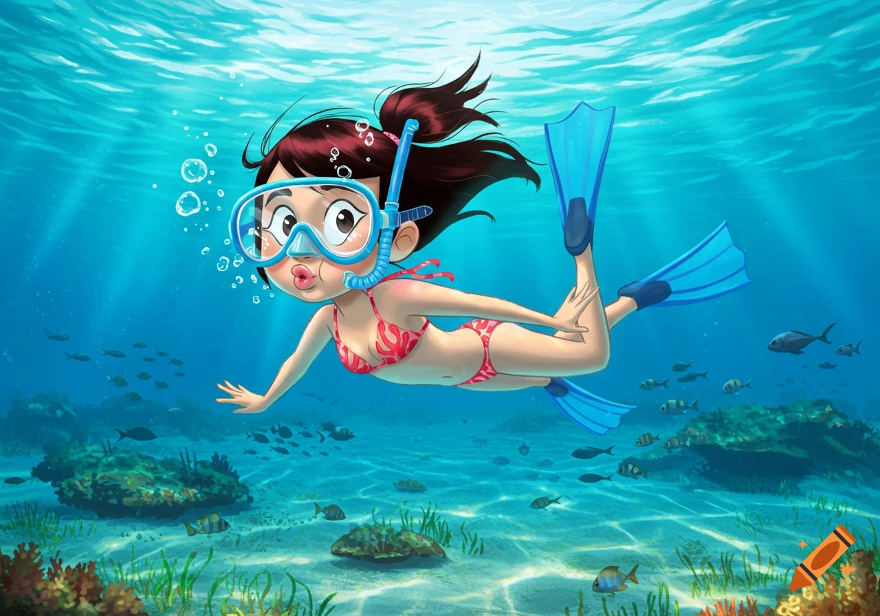 Cartoon girl in a pink bikini, blue goggles, and flippers swims underwater, making a fish face, with coral and fish.