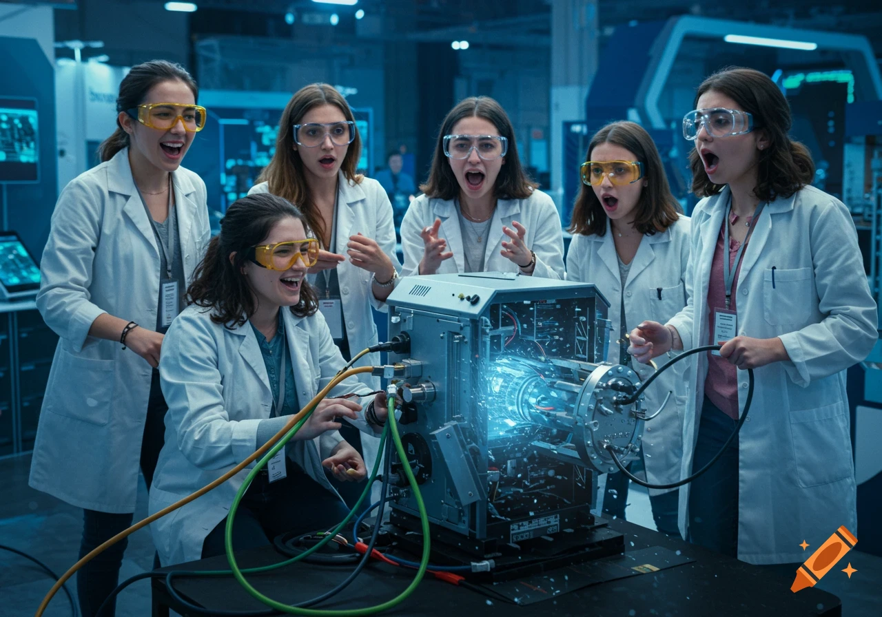 Six female scientists in lab coats and goggles react with shock and excitement around a glowing, malfunctioning science machine in a lab.