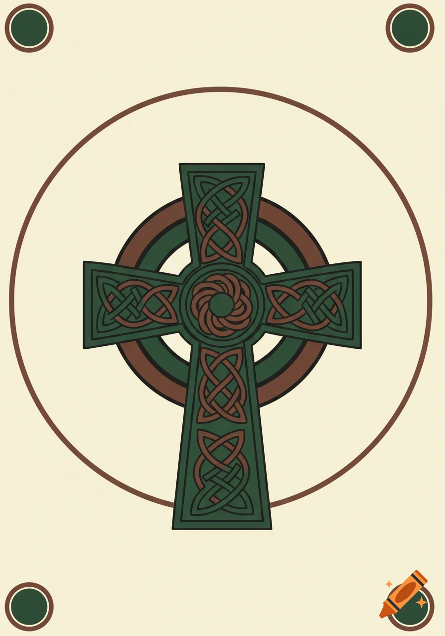 A stylized green and brown Celtic cross with intricate knotwork patterns on a light cream background, enclosed by a brown circle. Four small dark green and brown circles accent the corners.