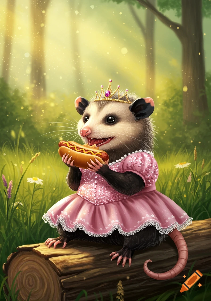 A cute opossum in a pink princess dress and crown sits on a log in a sunny forest, happily eating a hot dog.
