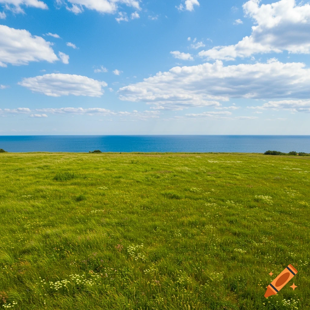 Aerial view of a vibrant green meadow meeting a vast blue ocean under a partly cloudy sky.