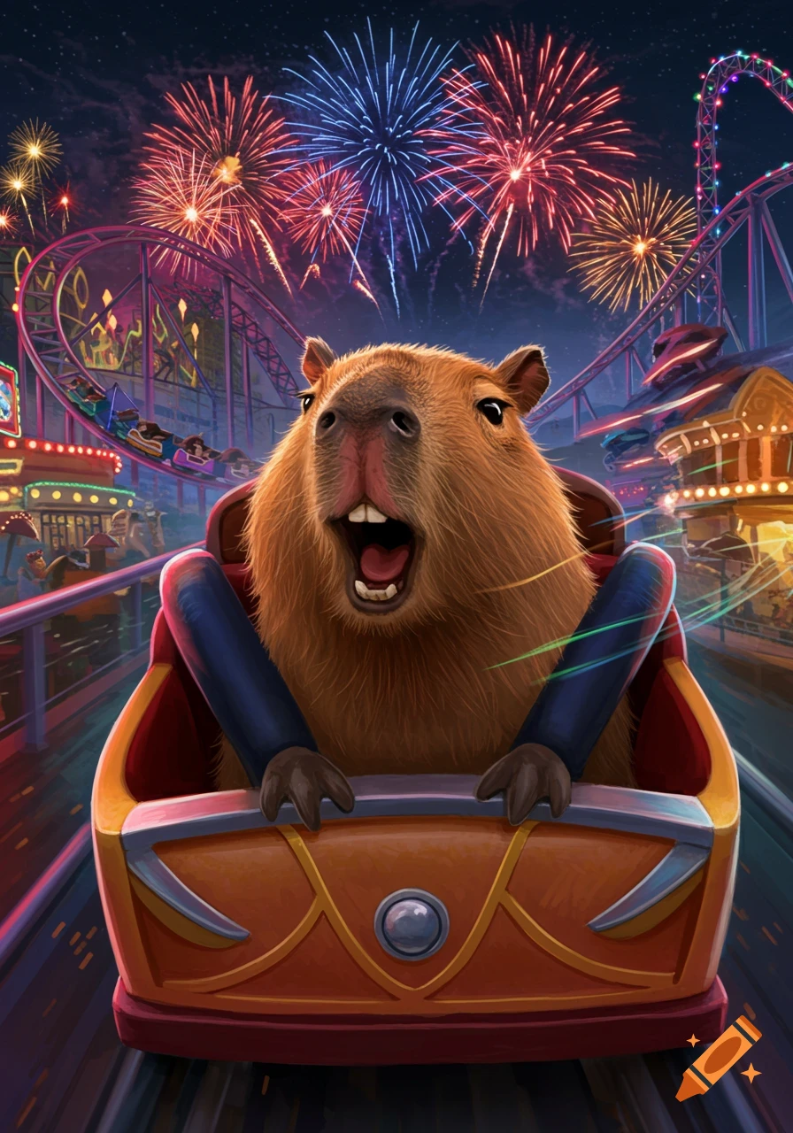 A screaming capybara riding a roller coaster at night with vibrant fireworks and amusement park lights.