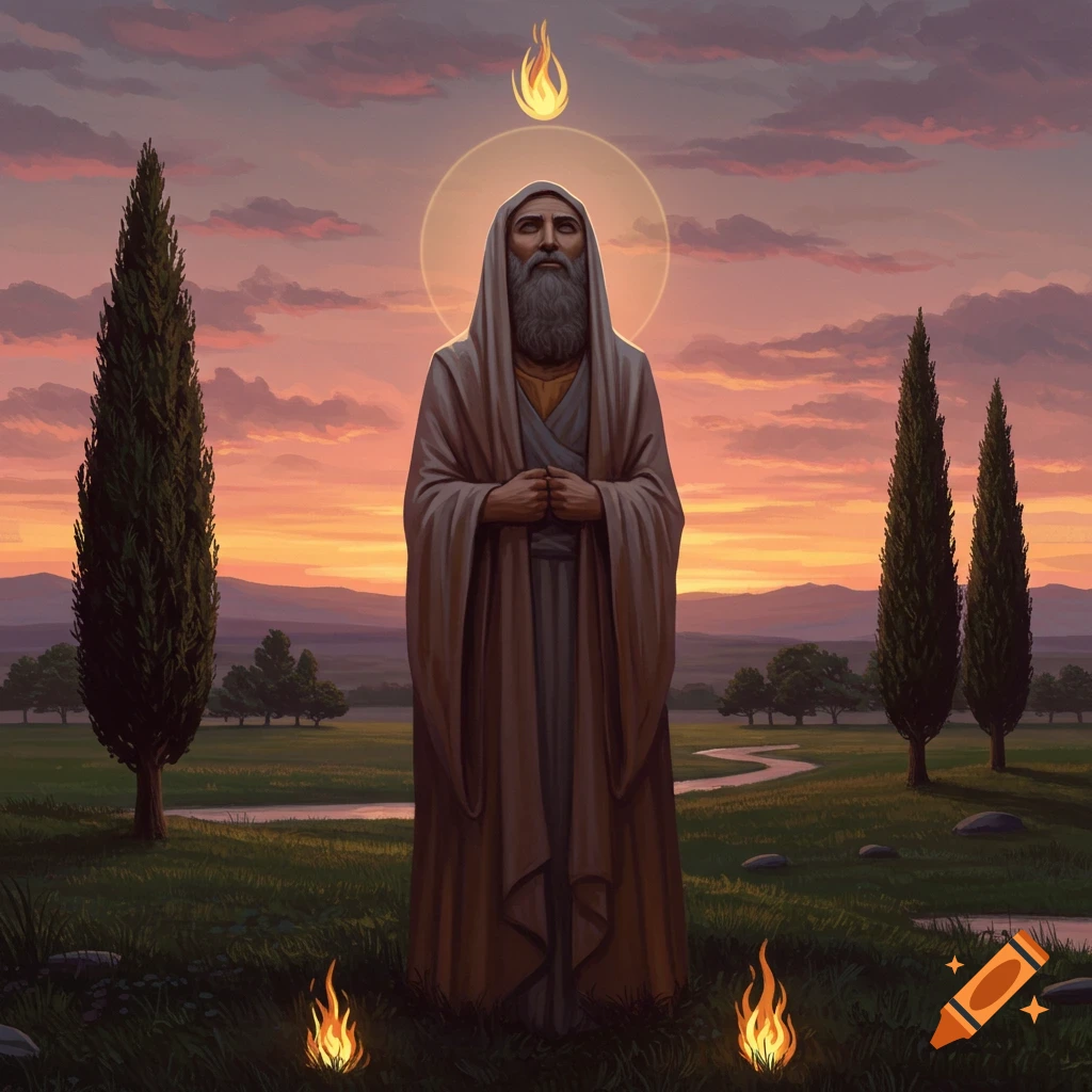 A bearded man in robes with a halo and flame stands in a field with cypress trees and mountains under a sunset, two small flames on the ground, painted style.