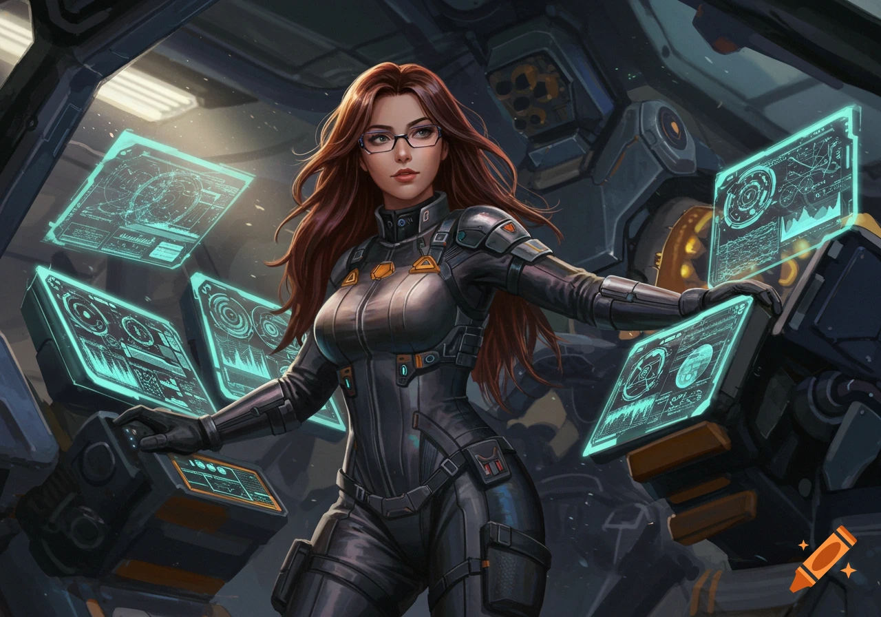 A female mech pilot with long brown hair and glasses in a futuristic control room with glowing holographic screens.