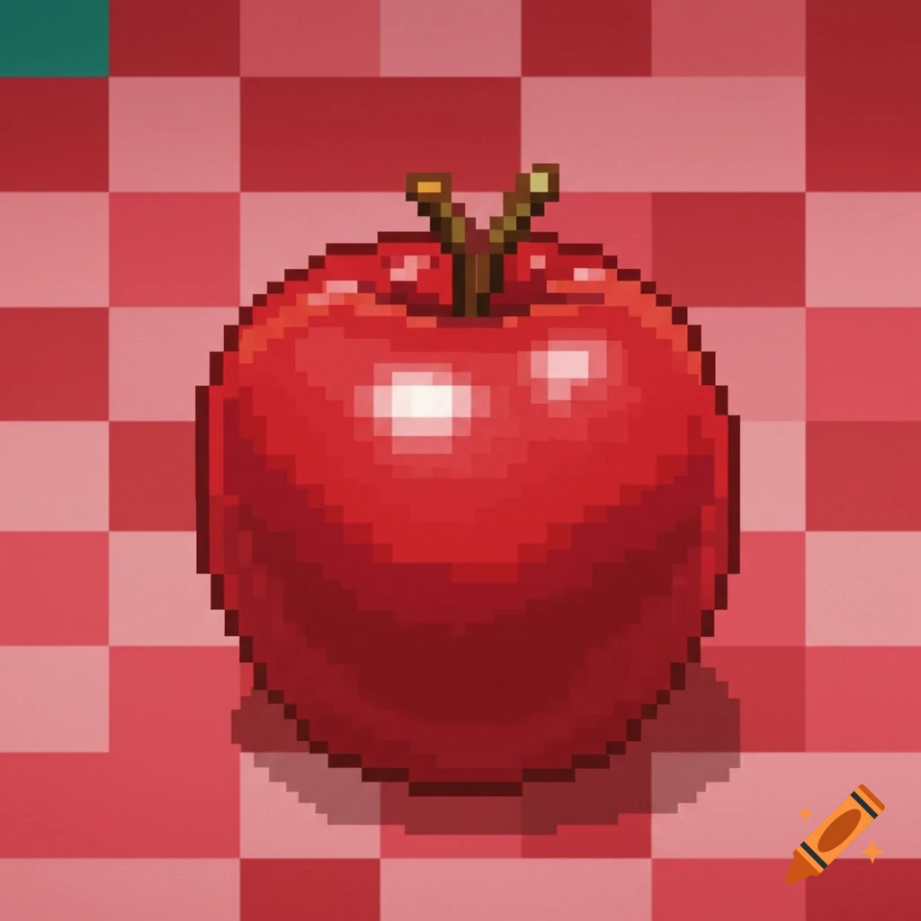 A red pixel art apple with brown stems sits on a red and light red checkered background.