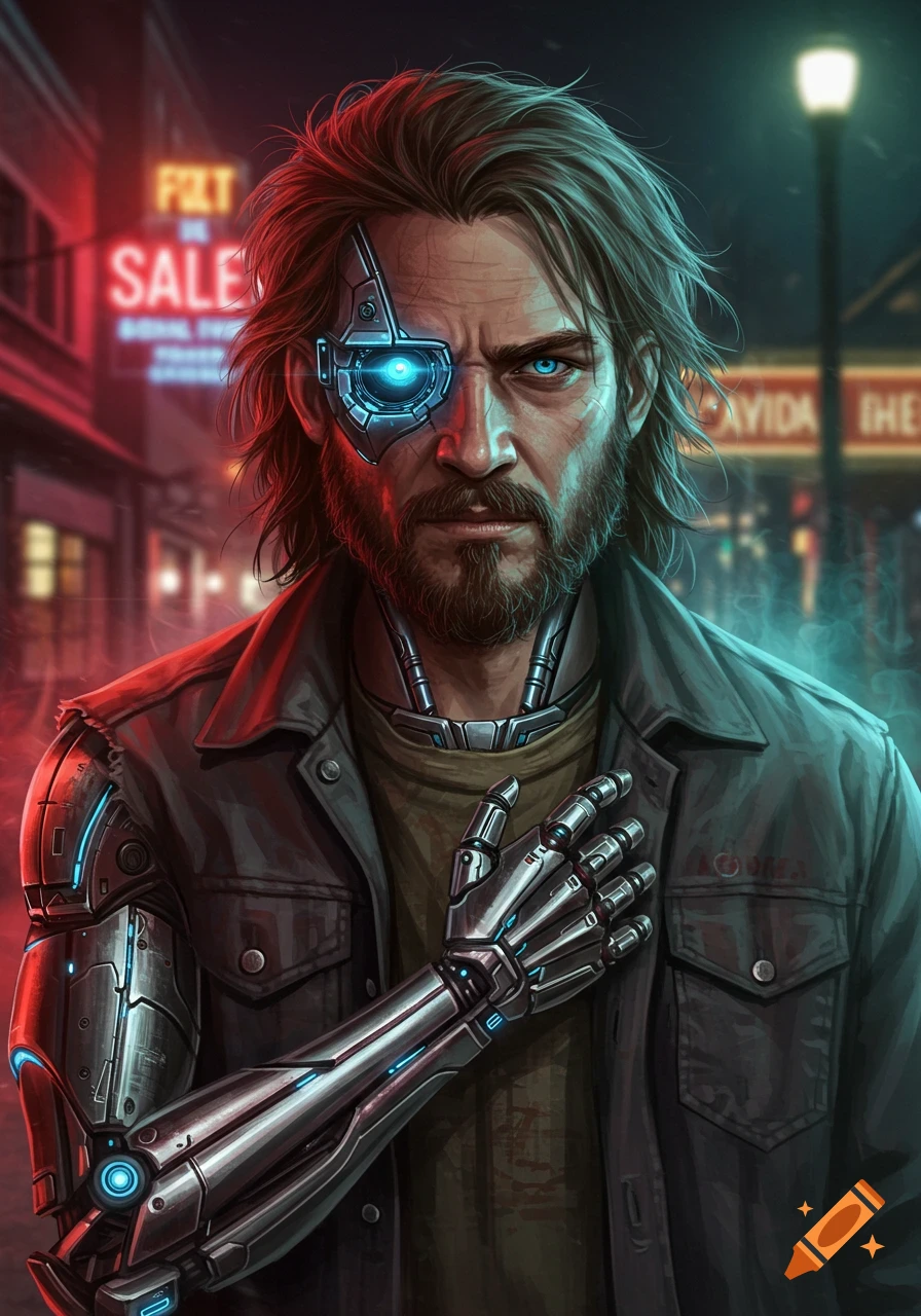 A bearded man with a cybernetic eye and arm stands on a neon-lit street, in a cyberpunk art style.