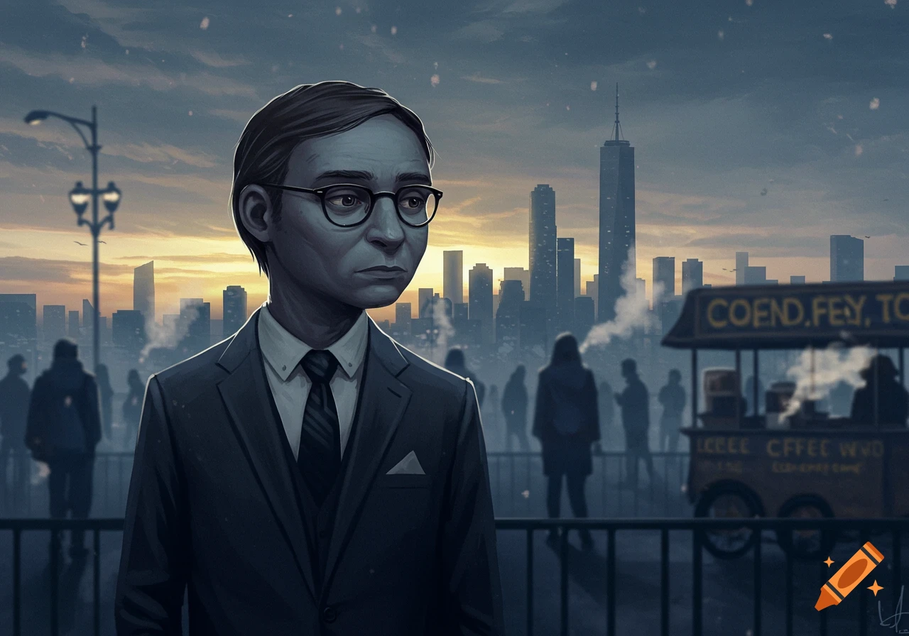 A stylized illustration of a somber man in a suit and glasses in a city at sunset, with a food cart and skyline in the background.