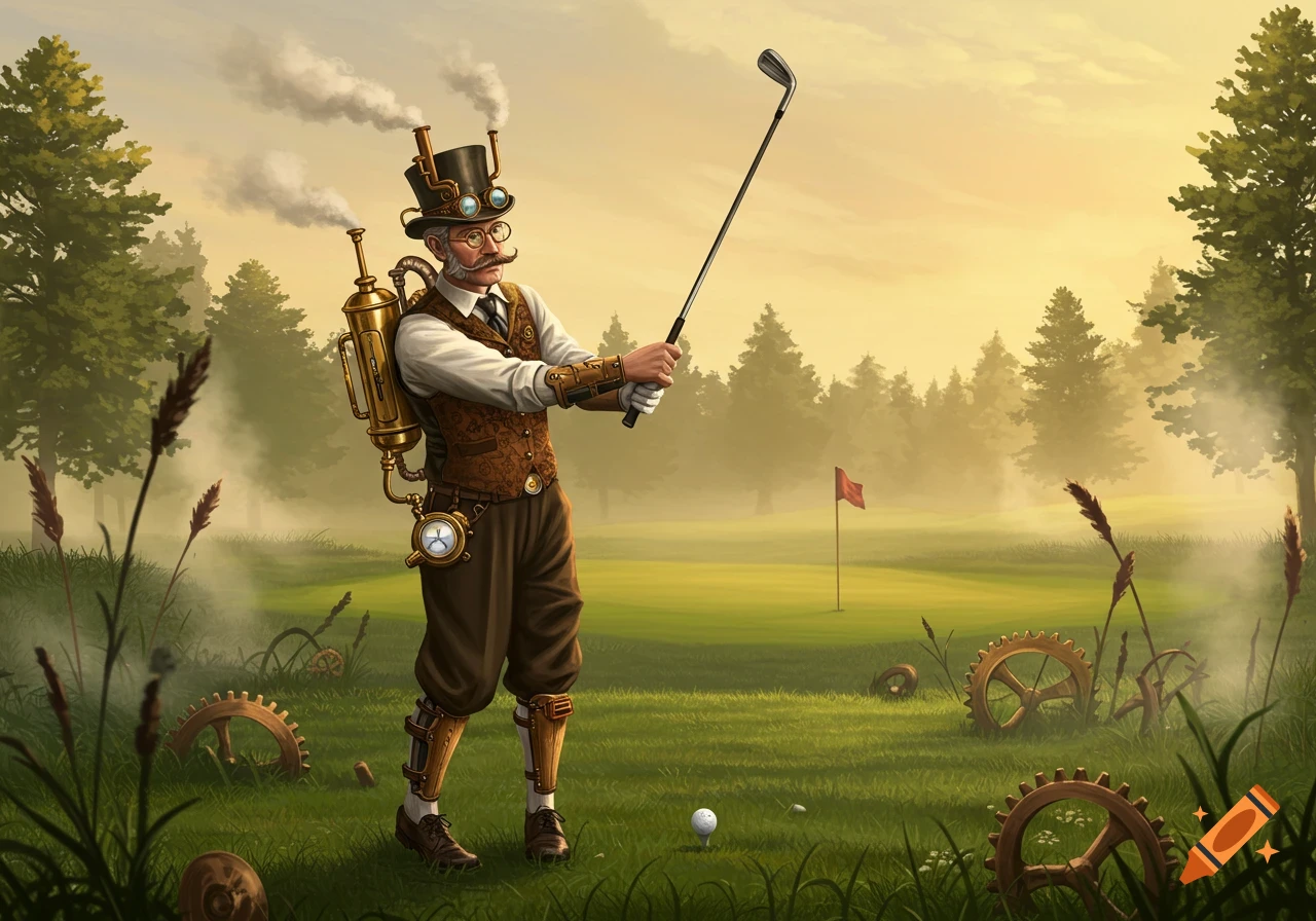 A steampunk man in a top hat and goggles, with a boiler backpack, playing golf on a misty course with gears.
