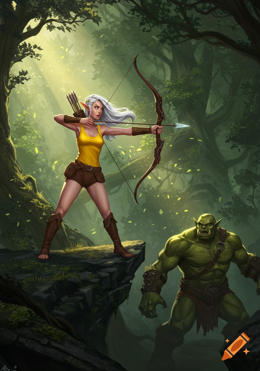 An elf archer with white hair and a yellow tank top aims an arrow at a green orc in a lush forest.