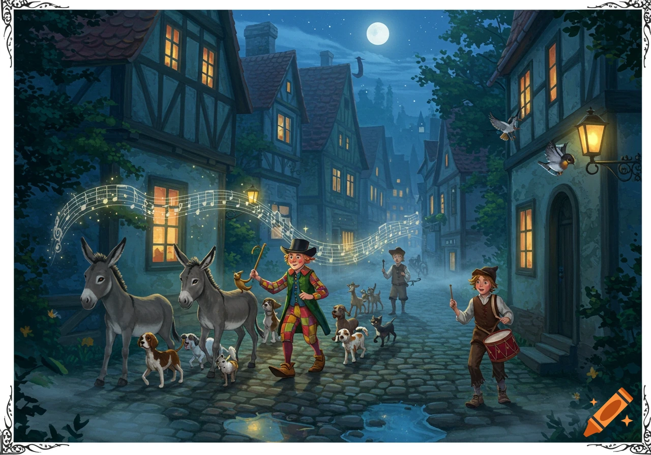 A whimsical illustration of a piper-like man and a drummer boy leading donkeys and a parade of dogs through a cobblestone village street at night, with musical notes floating in the air under a full moon.