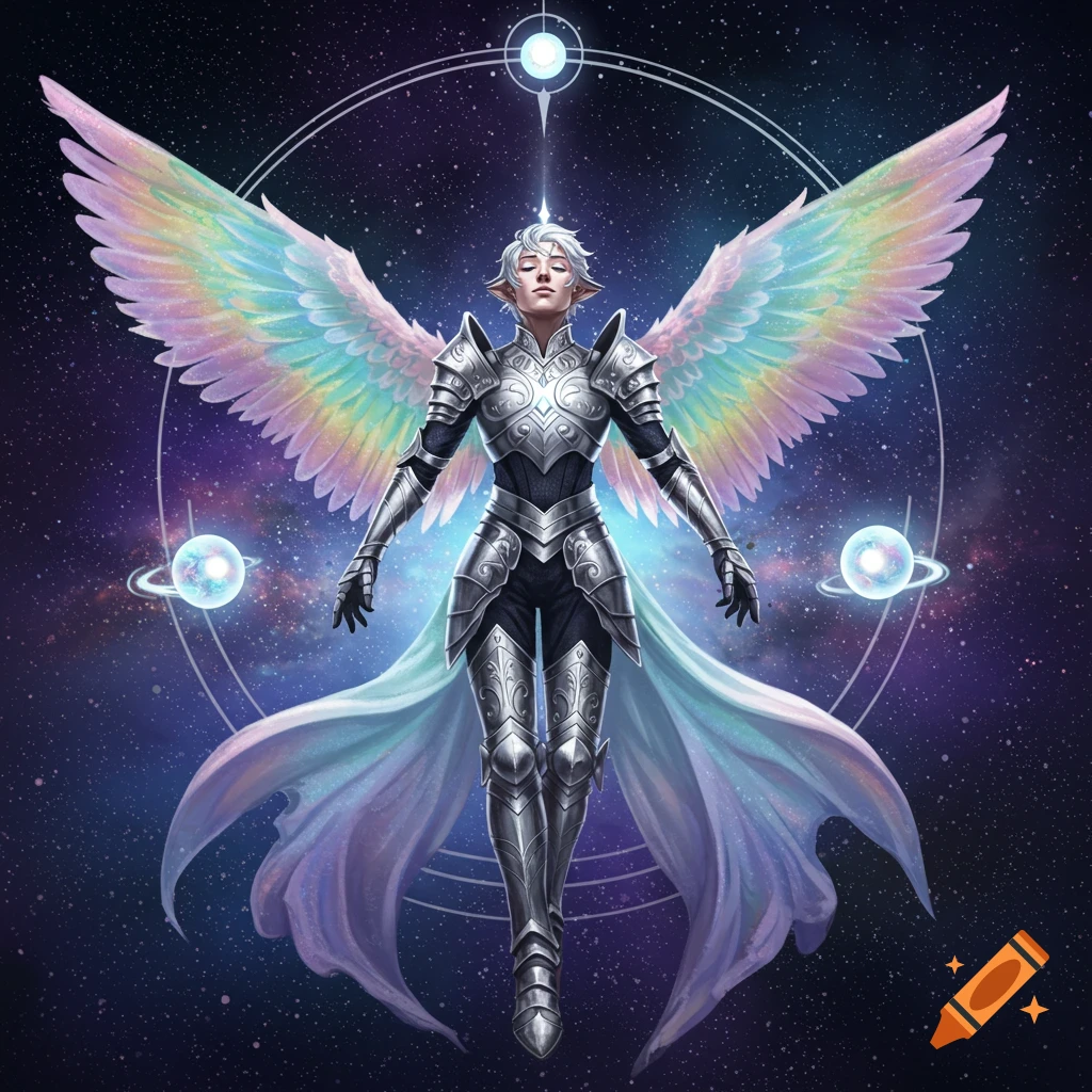 An ethereal armored elf-like angel with long rainbow wings floats gracefully in a starry cosmic void, surrounded by glowing orbs.