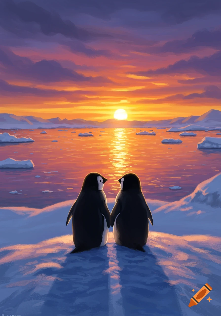 Two penguins stand on a snowy bank, hand-in-wing, watching a vibrant orange and purple sunset over an icy sea with ice floes.