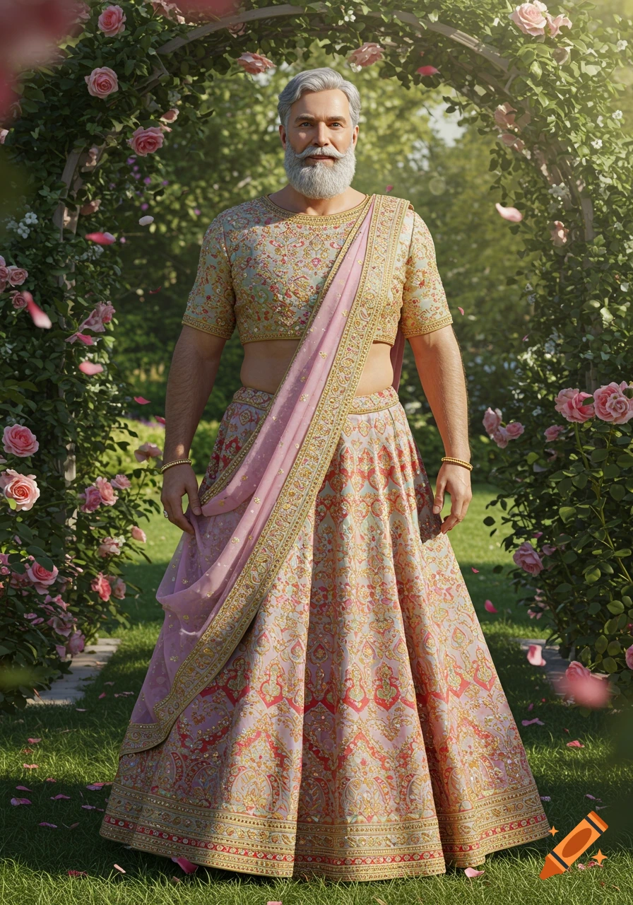 A photorealistic portrait of a confident, gray-bearded man in a vibrant lehenga, standing in a rose garden.