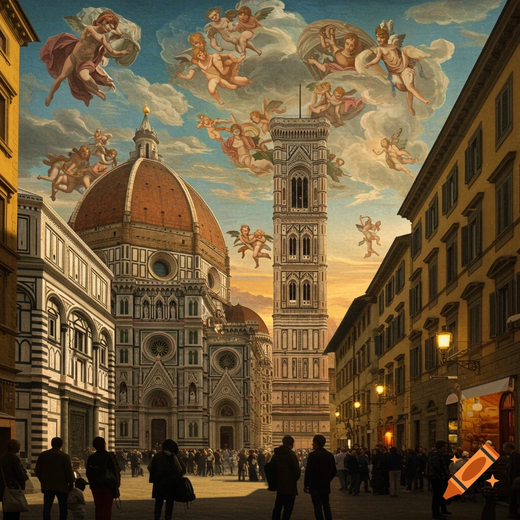 Painterly scene of the Florence Duomo and Giotto's Bell Tower with people on the street and cherubs flying in a cloudy sky.