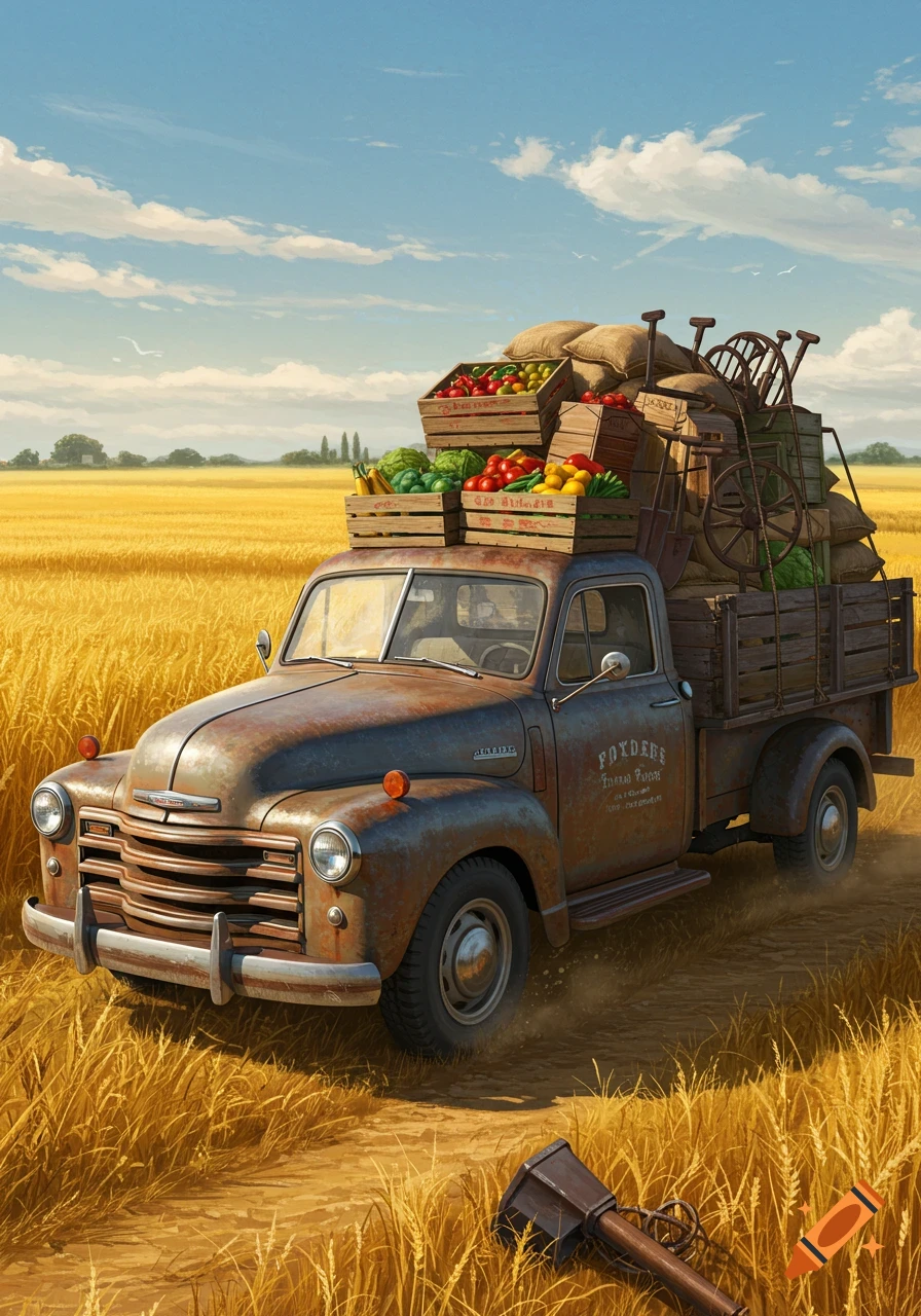An old, rusty pickup truck, heavily loaded with crates of fruits, vegetables, and farming tools, drives through a golden wheat field under a blue sky.