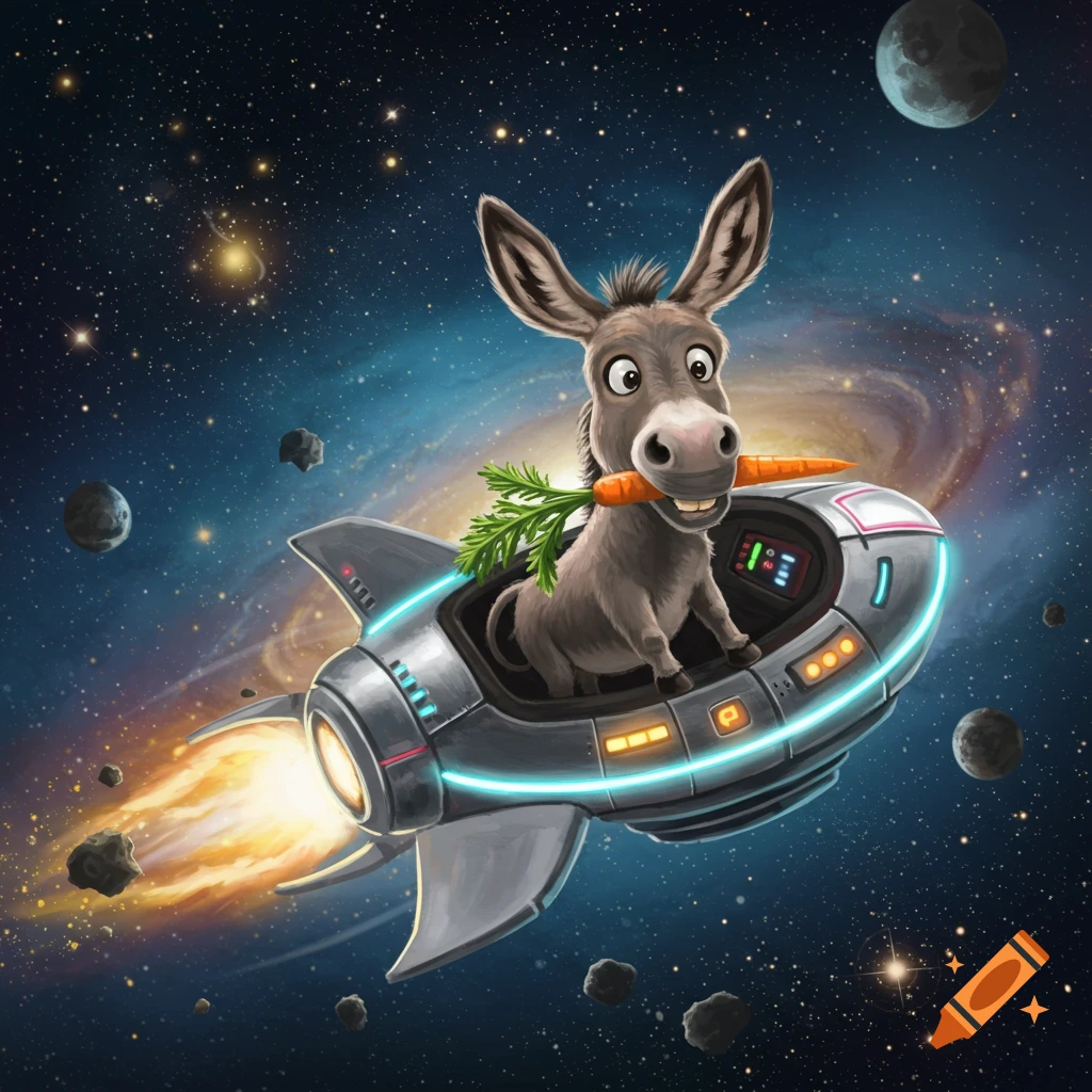 A cartoon donkey in a futuristic spaceship, holding a carrot, flying through a star-filled galaxy with planets and asteroids.