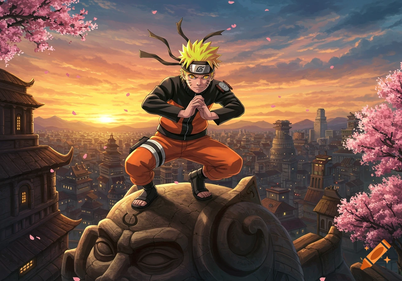 Naruto in a dynamic pose atop a stone head, overlooking a vibrant Japanese city at sunset with cherry blossoms, anime style.