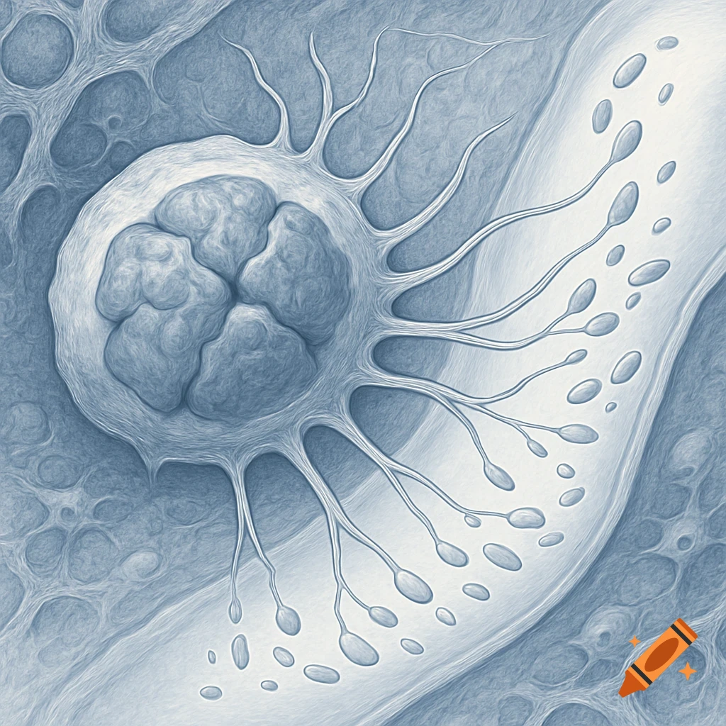 Scientific illustration of a megakaryocyte cell with branching pseudopods extending into a channel containing smaller cell fragments.