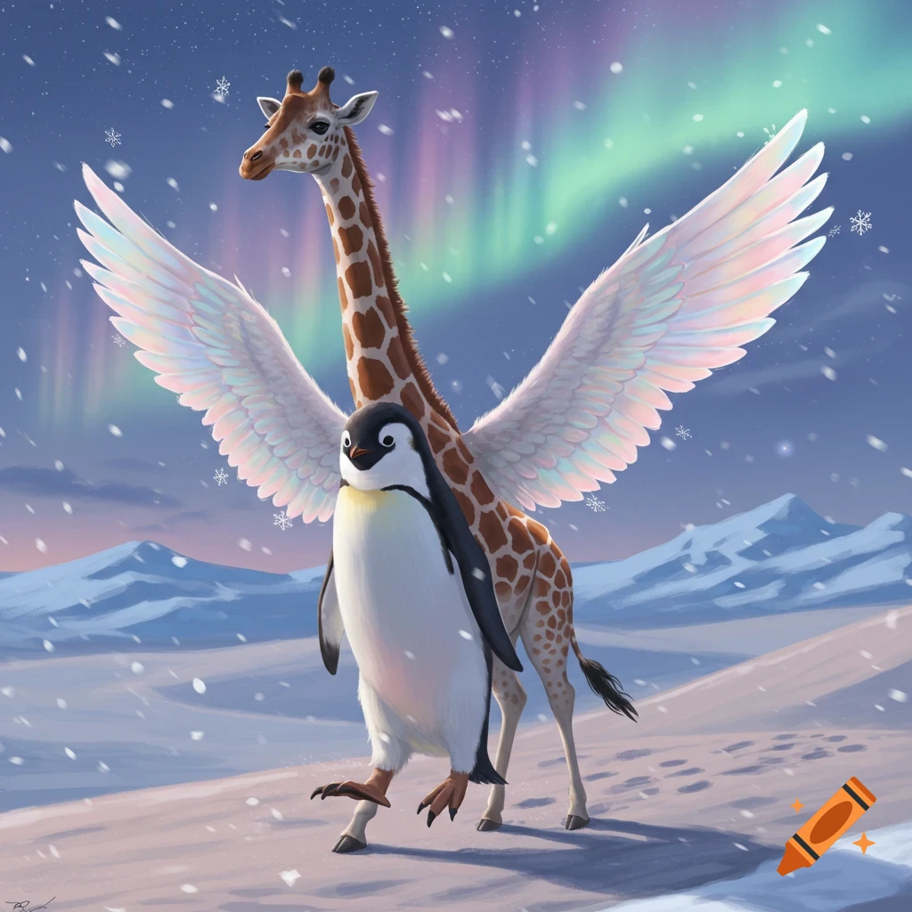 A majestic winged penguin-giraffe hybrid walks through a snowy mountain landscape under a starry sky with aurora borealis.