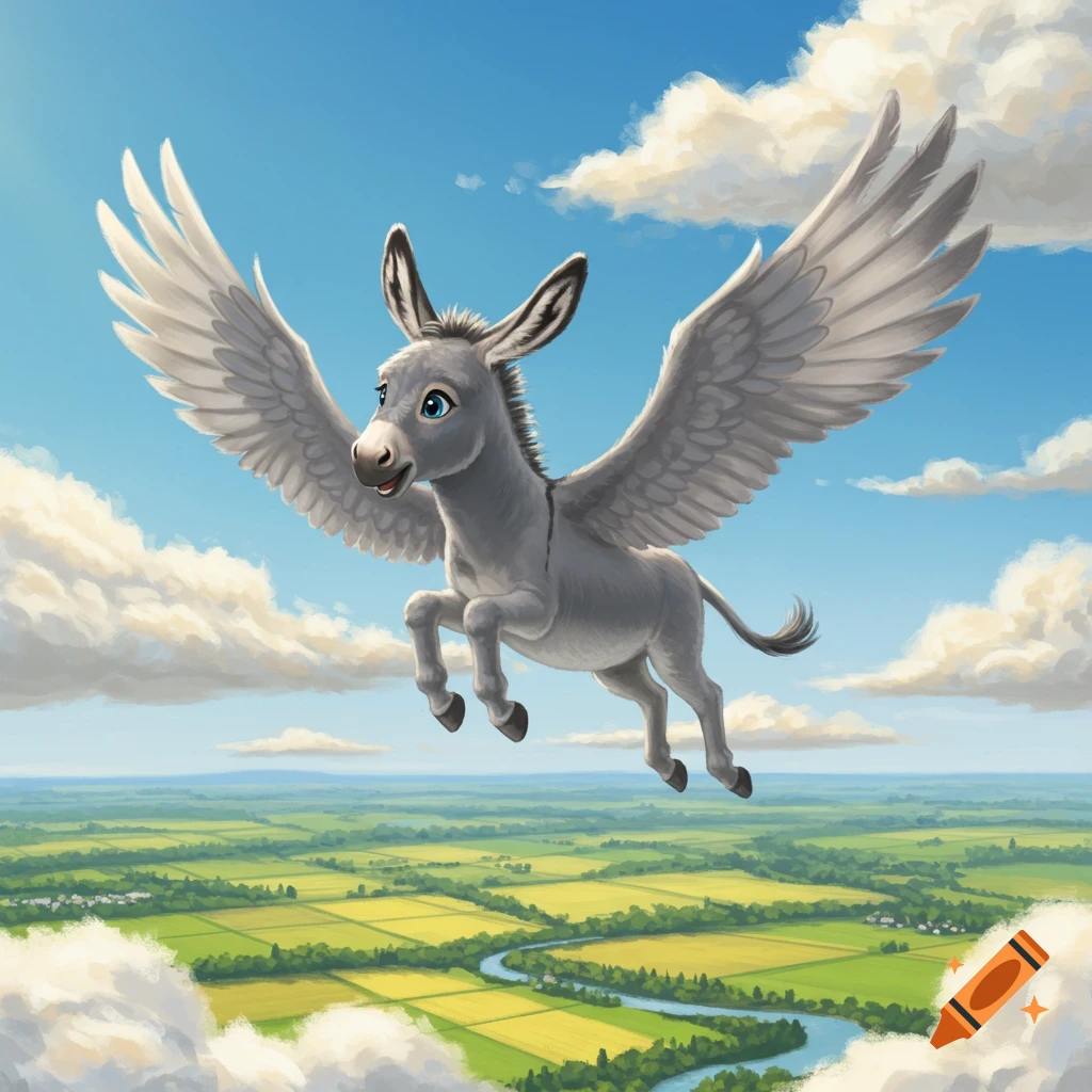 A cheerful cartoon winged donkey flies high in a bright blue sky above green fields and a winding river, with fluffy white clouds.
